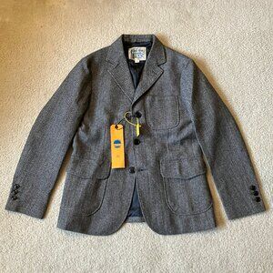 Labour Union retro 1930s-style herringbone tweed wool belt back blazer